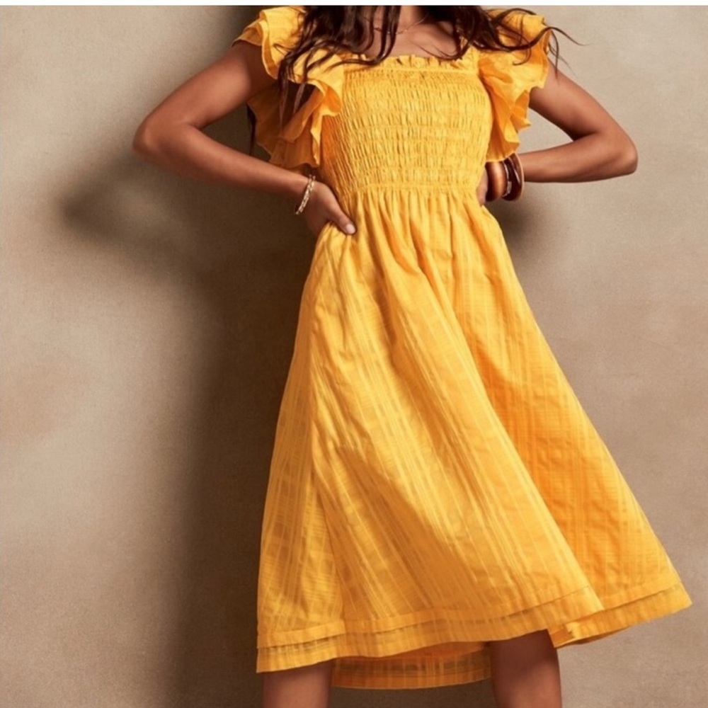 BANANA REPUBLIC Smocked Ruffle Sleeve off the Shoulder Midi Dress